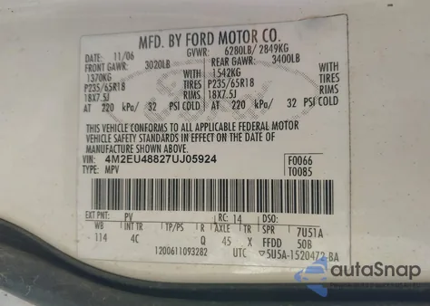 2007 Mercury Mountaineer Premier z USA, uszkodzony, nr VIN 4M2EU48827UJ05924